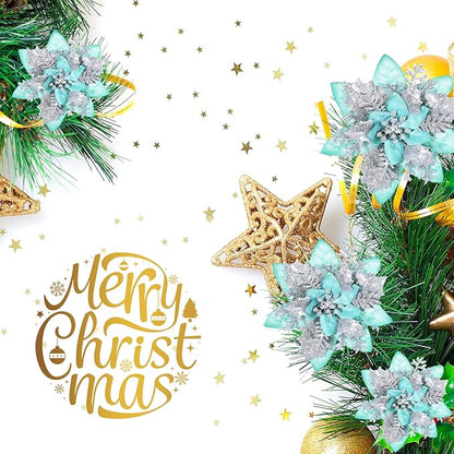 36 Pcs Christmas Glitter Artificial Poinsettia Flowers Xmas Poinsettia Artificial Wedding Flowers Decorations Xmas Tree Ornaments with Clips for Party, 6 Inch, 4 Inch, 3 Inch(Silver and Green)