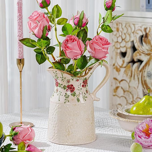 Sungmor Embossed Ceramic Pitcher Vase, Decorative Beige Farmhouse Ceramic Pitcher for Flowers, Vintage Textured Vase for Table, Kitchen & Home Decor, 9.2 Inch with Ice Crackle Glaze Finish