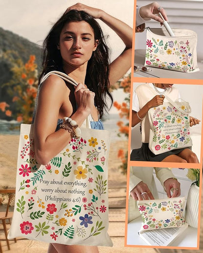 2 Pack Canvas Tote Bag - with Makeup Pouch Aesthetic Cute Women Reusable Canvas Bag for Shopping, Work, Travel