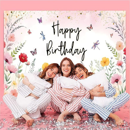 7x5ft Pink Floral Decoration Backdrop for Women Girl Birthday Party Spring Flower Bush Garden Theme Background Happy Birthday Photography Supplies Greenery Wildflower Banner
