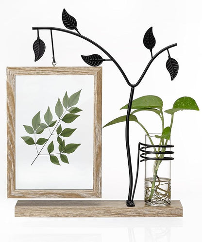 Afuly 5x7 Picture Frame with Glass Vase for Plants Flowers, Desk Picture Frames Floating Photo Frame for Office Home Decor, Unique Anniversary Mothers's Day Gifts for Grandma Mom, Light Brown