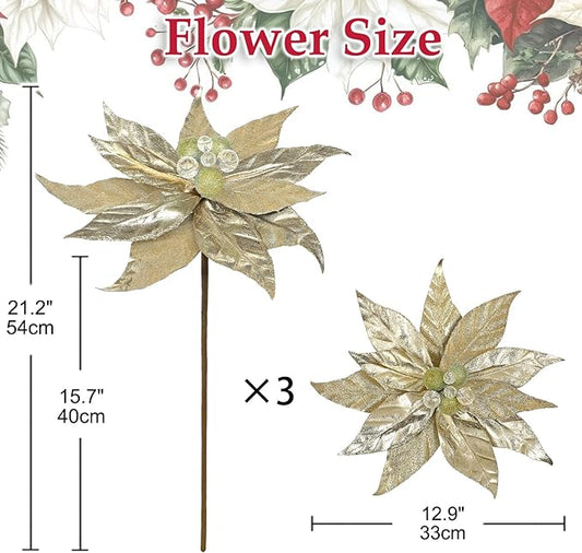 3 Pcs Artificial Christmas Flowers 13 Inch Glitter Poinsettia Picks Christmas Tree Ornaments Topper Decorations Champagne Poinsettias Flowers for Xmas New Year Wreath Garland Wedding Home Decor