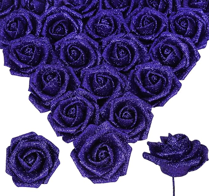 Glitter Blue Roses 30pcs Royal Blue Glitter Roses 2.56" Blue Artificial Roses with Stems Fake Foam Roses for Baby Shower Centerpieces Table Decorations for Party (Royal Blue)