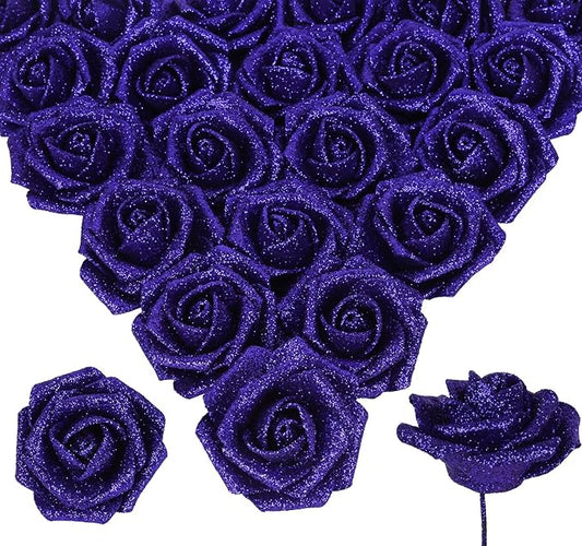 Glitter Blue Roses 30pcs Royal Blue Glitter Roses 2.56" Blue Artificial Roses with Stems Fake Foam Roses for Baby Shower Centerpieces Table Decorations for Party (Royal Blue)