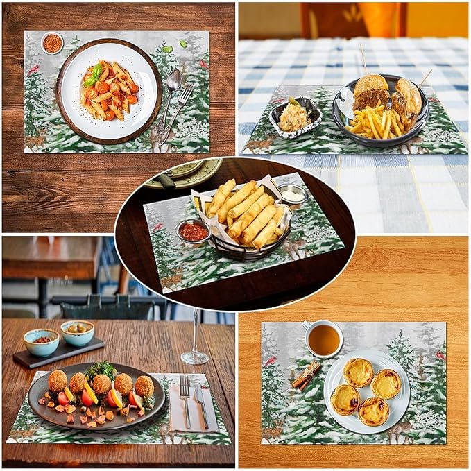 Winter Snowy Forest Placemats Christmas Pine Tree Snowflake Holiday Bath Rustic Christmas Tree Placemats Table Kitchen Dining Party 12x18 Inch Set of 4
