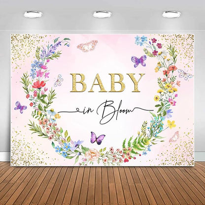 Sensfun Baby in Bloom Backdrop Banner Girls Wildflower Baby Shower Decorations,Pink Floral Butterfly Gold Glitter Photography Background for Wildflowe Baby Shower Newborn Party Photo Booth Props 8x6ft