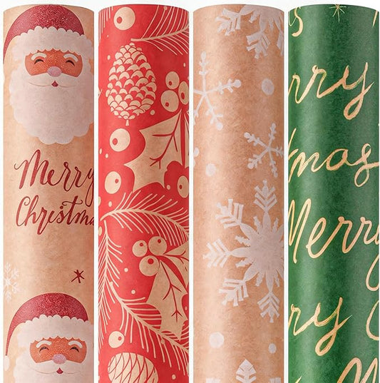 Happypapa Christmas Wrapping Paper, Kraft Xmas Wrapping Paper Rolls - Santa Claus, Trees, Snowflakes and Merry Christmas Pattern - 4 Rolls - 17 Inch × 120 Inch Per Roll