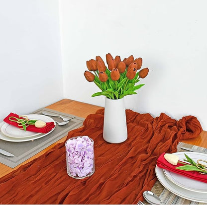 Mandy's Artificial Tulips 20 Stems Burnt Orange PU Faux Flowers for Thanksgiving and Christmas Decorations Wedding Home Decor 13.5 Inch