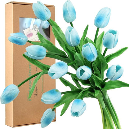 FiveSeasonStuff Real Touch Tulips Artificial Flowers – 15 Stems Faux Tulip Bouquet in Gift Box for Wedding, Home Decor, Party, Floral Arrangements (Arctic Blue)