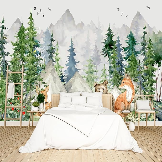 Kids Animals Forest Wallpaper Peel and Stick Nursery Wall Mural for Bedroom Living Room - 96"x137"