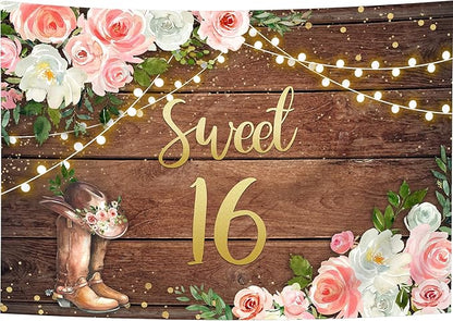 SVBright Sweet 16 Happy Birthday Backdrop 8Wx6H Cowgirl Western Rustic Country Wooden Plank Watercolor Pink Flower Floral Boots Farmhouse Decorations Photography Background Banner Photo Booth Studio