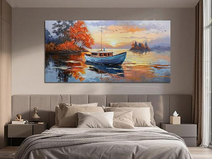 Brushart Ship Wall Art for Living Room, Large Canvas Wall Art Landscape Picture, Painting Wall Decor Textured Artwork for Walls Bedroom Home Office 58"x29"