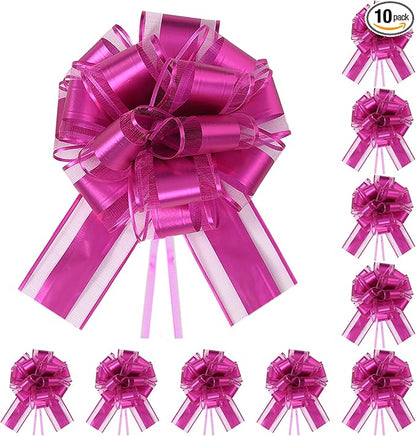 10-Pack Fuchsia Color Pull Bows for Gift Wrapping - 6 Inch Reusable Ribbon Bows, Large Instant Floral Decor Bows for Wedding, Christmas, Birthday Decor, Gift Basket & Party Decorations