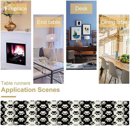 Dog Paw Table Runner,Kid Cute Animal Footprint Black White Theme Design Print Tablecloth Burlap for Hotel Indoors Outdoor Dining Room Kitchen Home Decor,W13X L60 in