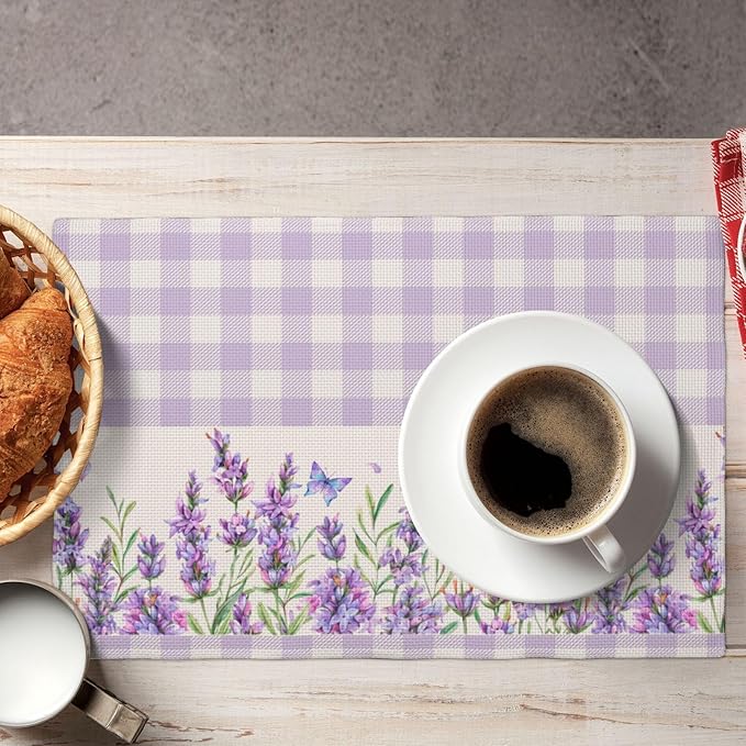 Flowers Leaves Spring Placemats Set of 4,Purple Plaid Background Flower Seasonal Table Mats for Party Kitchen Dining Decoration 4 PCS