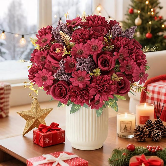 Dremisland Artificial Christmas Flowers Like Real Artificial Bouquet 2 Packs Silk Artificial Roses Bouquet with Daisy Chrysanthemum Burgundy Flowers for Christmas Centerpiece Table Home Decor