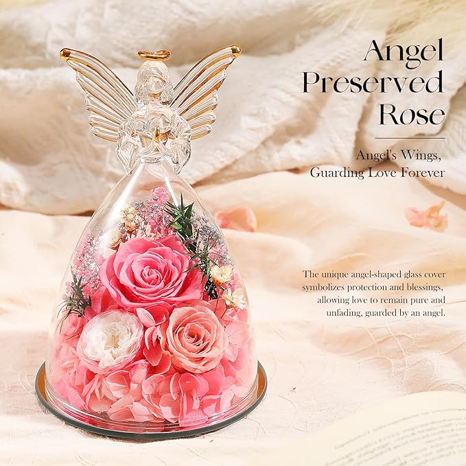RoseValley Angel Roses Gifts for Mom,Preserved Real Flowers Roses in Glass Angel Figurines,Christmas Birthday Gifts for Grandma Women Mom Wife Mother in Law/Pink