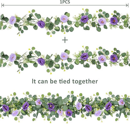 TOCHGREEN 2 Pack 13Ft Artificial Eucalyptus Flower Garland with Purple Roses, Fake Rose Flower Greenery Garland Floral Vines for Wedding Home Party Table Runner Decor (Purple, 2PCS)