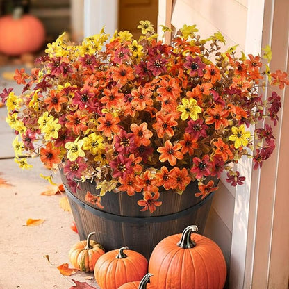 Artificial Mums Fake Fall Flowers for Outdoors Decoration, 12 Bundles Realistic Autumn Silk Daisy Faux Plants UV Resistant Decor for Home Garden Porch Patio Yard Balcony Window (Yellow Brown Orange)