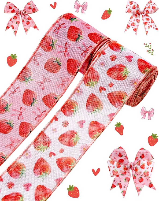 2 Roll 10 Yards Strawberry Wired Edge Ribbon 2.5 Inch Strawberry Bow Heart Daisy Fabric Ribbon Strawberry Gift Wrapping Ribbon for Crafts, Hair Bows, Wreath, Summer Party, Holiday Decor