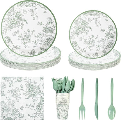 175Pcs Sage Green Floral Paper Plates and Napkins 25 Guests Green Toile Chinoiserie Party Supplies Set Include Plates Napkins Cups Spoons Forks Knives for Birthday Wedding (175, Sage Green Floral)