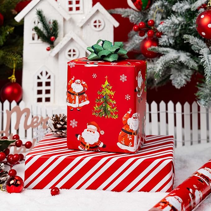 MAYPLUSS Red Christmas Wrapping Paper - 17 Inch X 33 Feet - Cute Santa Claus Christmas Tree Reversible Strip Gift Wrapping Paper, Metallic Foil Thick Gift Wrap Paper for Holiday Party New Year Kids