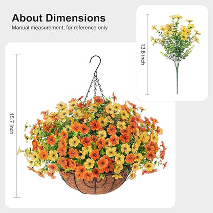 HyeFlora Artificial Fake Hanging Mums Plants Flowers Basket for Fall Autumn Outdoor Decor, Faux Silk Orange Dasiy Flower Look Real UV Resistant for Outside Porch Home Patio Garden Decoration