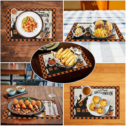 Halloween Placemats Cartoon Retro Funny Horror Castle Spider Web Magic Witch Pumpkin Bat Pumpkin Placemats Table Kitchen Dining Party 12x18 Inch Set of 4
