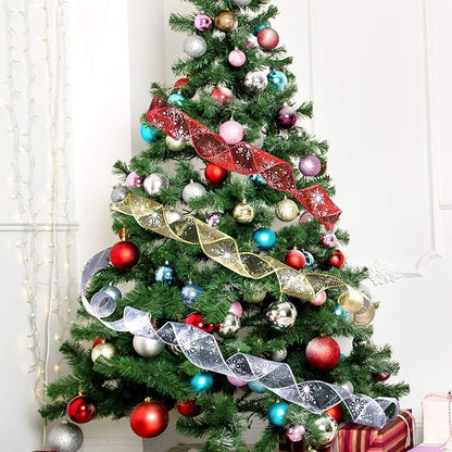 2.5 Inch Wide Christmas Wired Ribbon Snowflake Organza Sheer Glitter Ribbon for Xmas Tree, Wreath, Party Decoration, Gift Wrapping (Golden, 21.9 Yards)