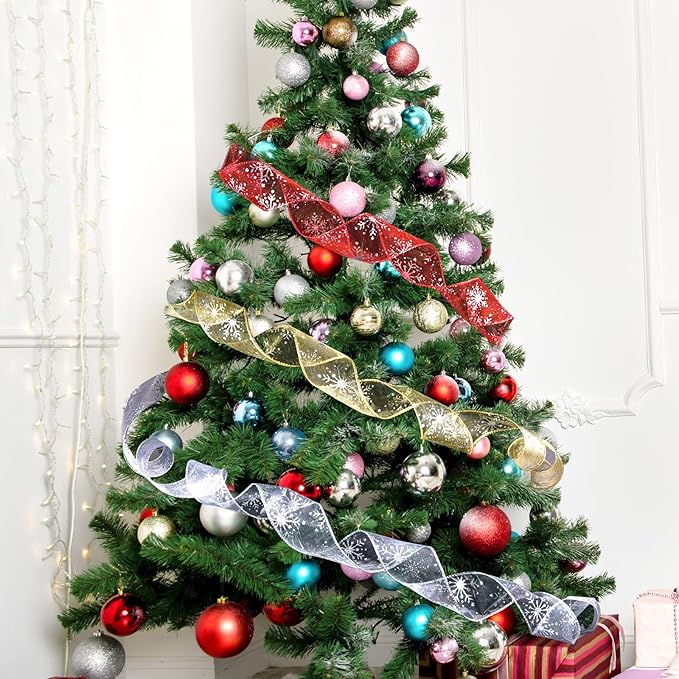 2.5 Inch Wide Christmas Wired Ribbon Snowflake Organza Sheer Glitter Ribbon for Xmas Tree, Wreath, Party Decoration, Gift Wrapping (Golden, 10.9 Yards)
