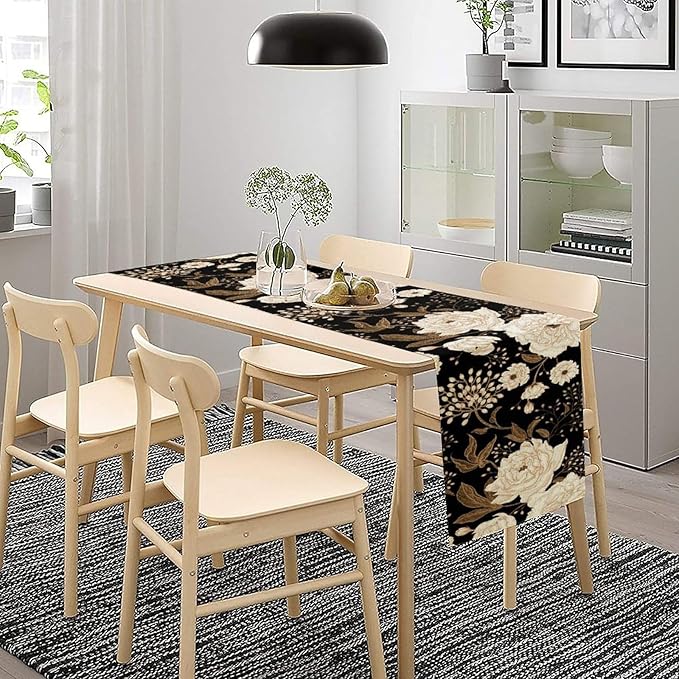 Vintage Flowers Table Runner,Black Gold Peony Rose Print Table Runner for Home Kitchen Table Dining Indoor Outdoor Party Decor 13x90 Inch