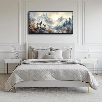 Deer Wall Art Large Wildlife Nature Mountain Landscape Pictures Wall Decor Rustic Cabin Fall Forest Canvas Prints Nordic Painting Framed Artwork Decoration for Bedroom Living Room Office 60"x30"