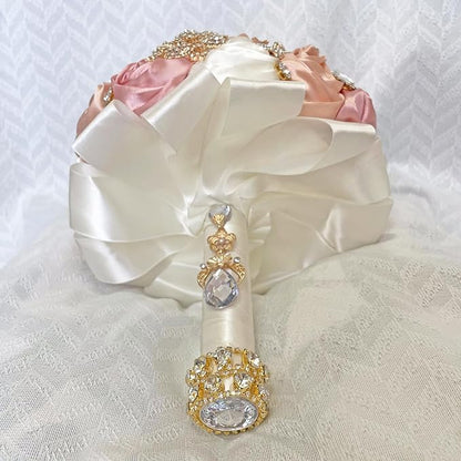 Handmade Satin Rose Floral Bling Pearl Decor Bridal Wedding Bouquet Rhinestone Pendant Artificial Brooch Flowers for Bride Bridesmaid Quinceanera