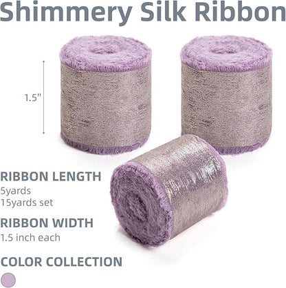 Light Purple Silk Chiffon Ribbon,Lavender Frayed Shimmery Silk Ribbon for Bridal Flower Bouquet Christmas Gift Wrapping Wedding Decor Invitations Decorations 1.5" x 15 Yards (5Yards X 3 Rolls)