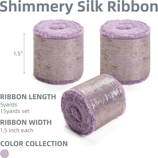 Light Purple Silk Chiffon Ribbon,Lavender Frayed Shimmery Silk Ribbon for Bridal Flower Bouquet Christmas Gift Wrapping Wedding Decor Invitations Decorations 1.5" x 15 Yards (5Yards X 3 Rolls)