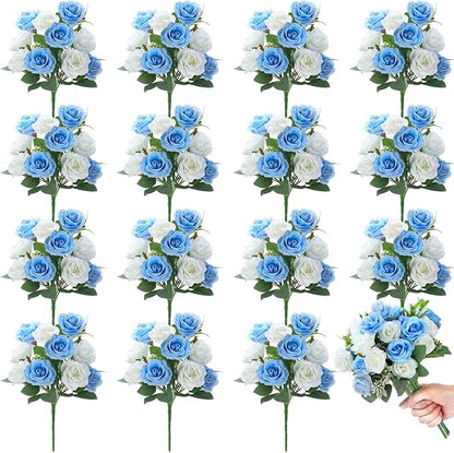 Zeyune 16 Bunches 12 Inch Artificial Mini Rose Bouquet 160 Heads Bridal Flower Bouquets Fake Silk Rose Bulk for Wedding Bridal Shower Christmas Home Office Garden Decoration(White and Blue)