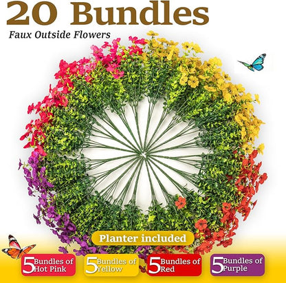 Railing Planter Boxes with Faux Flowers, Adjustable Balcony Planters for Railing Hanging, UV Sun Resistant Colorful Daisy for Porch Patio Balcony Home (1 Pack, 24 Inch)