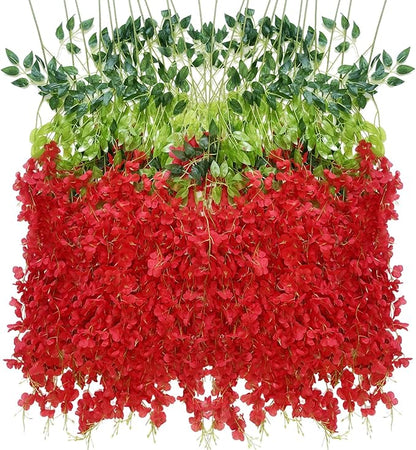 Artificial Wisteria Hanging Flowers Fake Wisteria Flower Garland Silk Vines Rattan Decor for Home Wedding Arch Wall Garden Greenery Bedroom Outdoor Office Party Decoration(24, Red)