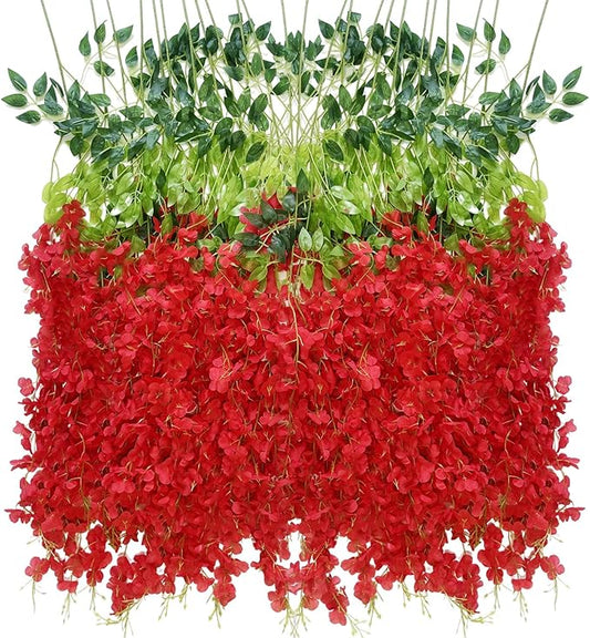 Artificial Wisteria Hanging Flowers Fake Wisteria Flower Garland Silk Vines Rattan Decor for Home Wedding Arch Wall Garden Greenery Bedroom Outdoor Office Party Decoration(24, Red)