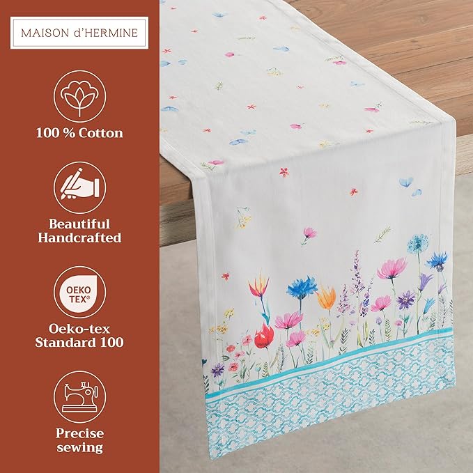 Maison d' Hermine Table Runner 100% Cotton Double Layer Table Runners 72 inches Long Decorative for Home Kitchen Dining Party Wedding Bridal Shower Spring Summer (Flower in The Field, 14.50" x 72")