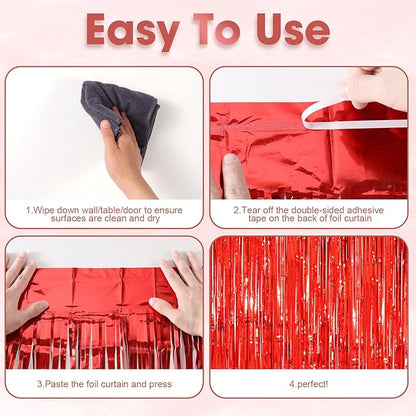 2 Pack Red Tinsel Foil Fringe Curtains, Red Party Decorations, Metallic Tinsel Party Streamers Backdrop for Birthday Casino Christmas Graduation Carnival Valentine's Party Decorations