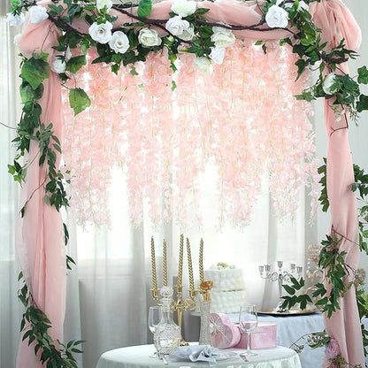 12 Pack Light Pink Wisteria Hanging Flowers Garland, 3.77 Feet Artificial Flower Vines, Fake Wisteria, Artificial Vines Hanging Garland for Backdrop Outdoor Yard Garden Decor