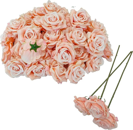 Artificial Satin Rose Flower Heads,48 Pcs Silk Rose Heads with Stems,3.3'' Rose Artificial Flowers Bulk,Artificial Rose Flower Heads for DIY Crafts Bouquet (48, Blush)