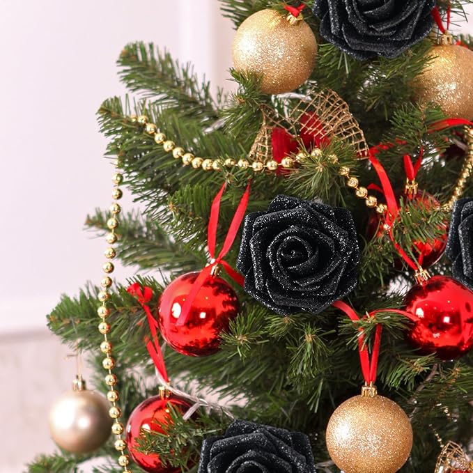 MACTING 30PCS Artificial Flowers Real Touch Foam Roses with Stem Black Fake Glitter Flowers for DIY Wedding Bouquet Table Centerpieces Party Holiday Wreath Home Xmas Christmas Decorations