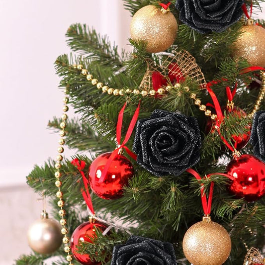 MACTING 30PCS Artificial Flowers Real Touch Foam Roses with Stem Black Fake Glitter Flowers for DIY Wedding Bouquet Table Centerpieces Party Holiday Wreath Home Xmas Christmas Decorations