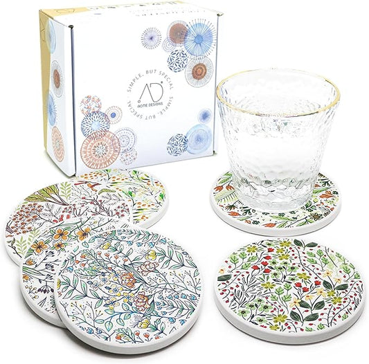 AD Set of 6 Coasters for Drinks Absorbing Round Ceramic Stone Coaster with Cork Base Tabletop Protection Mat for Mugs and Cups,Office,Kitchen (Bontanicals)