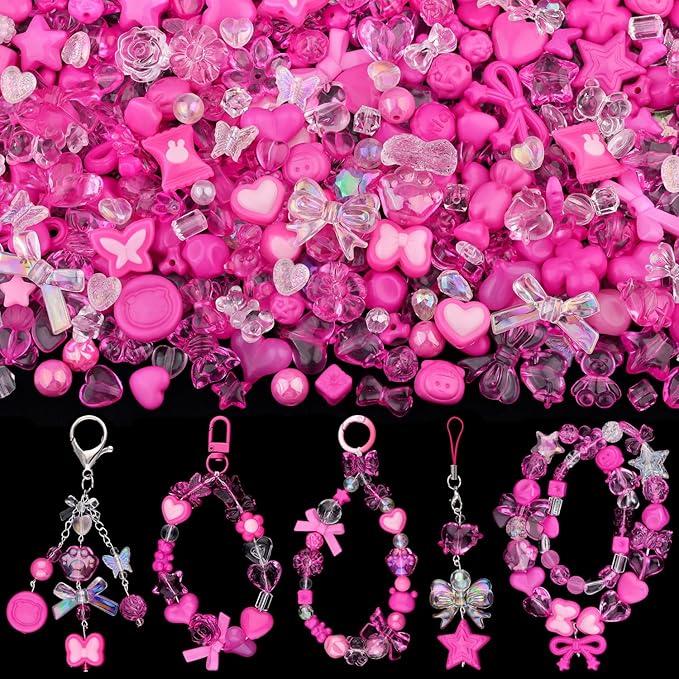 Assorted Acrylic Beads, 200-260PCS Rose Pink Cute Beads for Bracelet Making, GummyBear Bow Flower Kawaii Charms for Jewelry Making DIY Necklace Keychain Phone Charm Christmas Gift