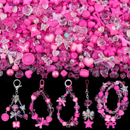 Assorted Acrylic Beads, 200-260PCS Rose Pink Cute Beads for Bracelet Making, GummyBear Bow Flower Kawaii Charms for Jewelry Making DIY Necklace Keychain Phone Charm Christmas Gift