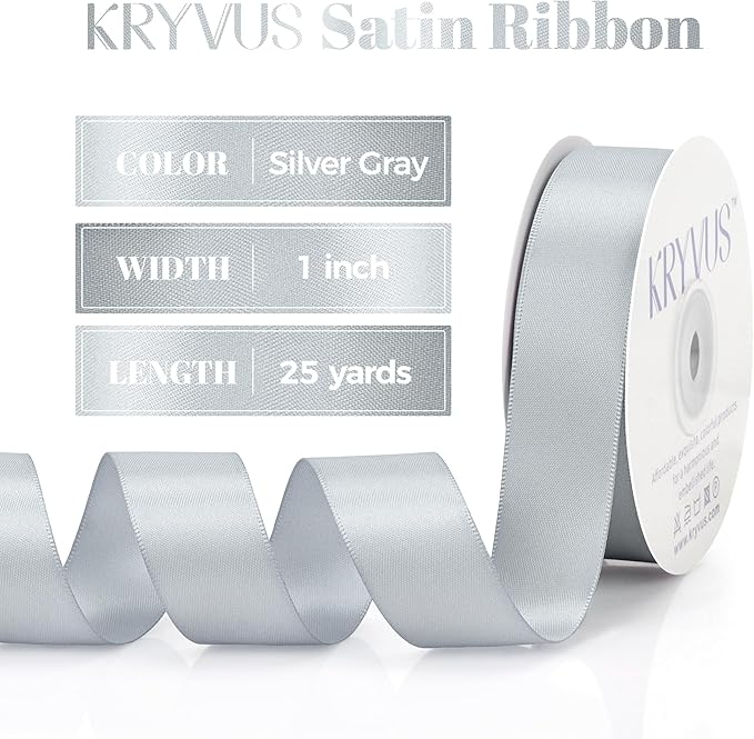 Silver Gray Satin Ribbon, Double Faced 1 Inch X 25 Yards Silver Gray Ribbon, Premium Satin Ribbon for Gift Wrapping, Crafts, Hair Bow Making, Sewing, Flower Bouquet, Wedding Party Decor