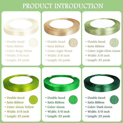 3/8" 6 Colors X 25 Yards Green Satin Ribbon,150 Yards Assorted Green Colors Satin Ribbons for Flower Bouquet,Ribbons for Gift Wrapping Happy Birthday Party Decorations